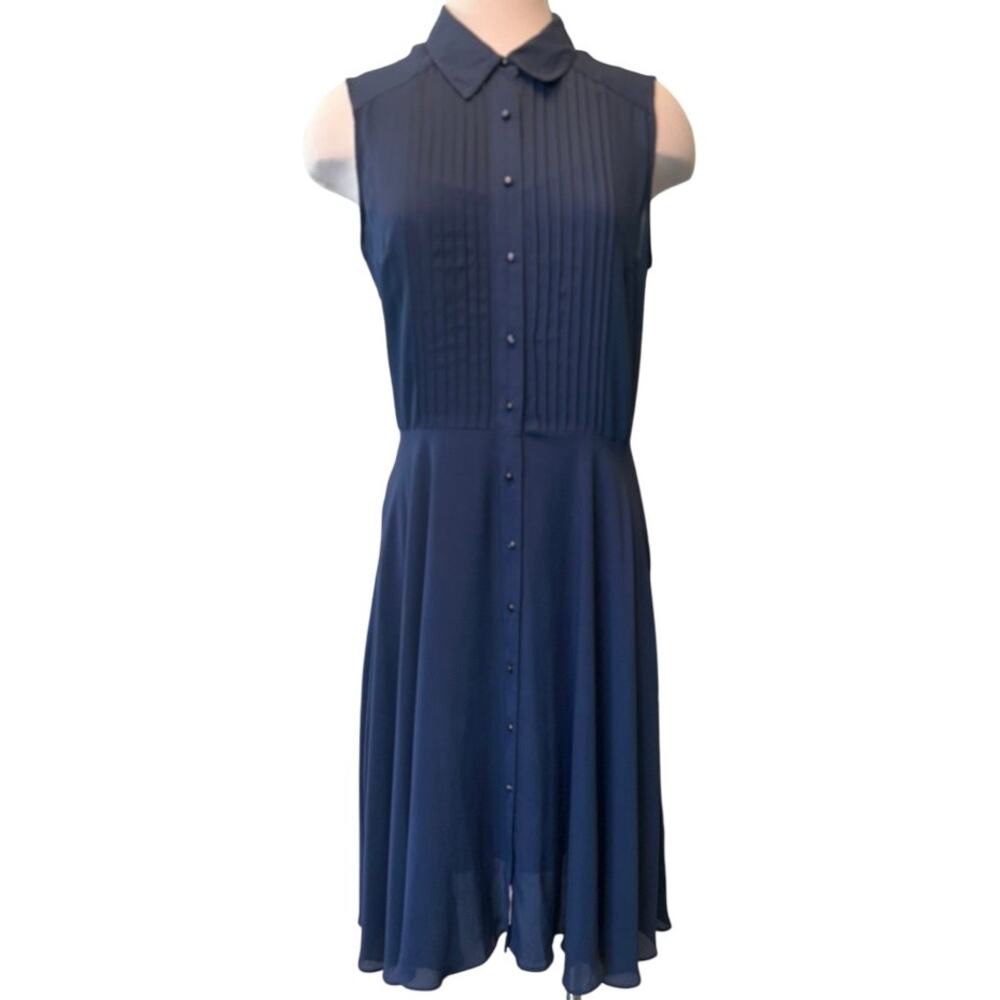 NWOT Nanette Lepore Navy Georgette Pin Tuck Chiffon Midi Dress w/ Slip Size 12